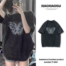 批发220克精梳纯棉洗水黑落肩宽松版型后包边短袖T恤印花款