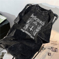 批发220克精梳纯棉洗水黑落肩宽松版型后包边短袖T恤印花款