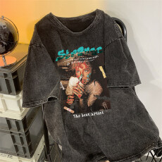 批发220克精梳纯棉洗水黑落肩宽松版型后包边短袖T恤印花款