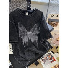 批发220克精梳纯棉洗水黑落肩宽松版型后包边短袖T恤印花款