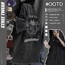 批发220克精梳纯棉洗水黑落肩宽松版型后包边短袖T恤印花款