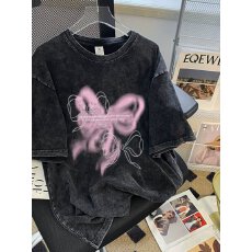 批发220克精梳纯棉洗水黑落肩宽松版型后包边短袖T恤印花款