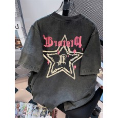 批发220克精梳纯棉洗水黑落肩宽松版型后包边短袖T恤印花款