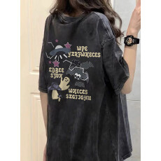 批发220克精梳纯棉洗水黑落肩宽松版型后包边短袖T恤印花款