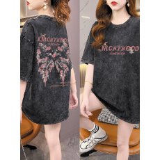 批发220克精梳纯棉洗水黑落肩宽松版型后包边短袖T恤印花款