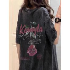 批发220克精梳纯棉洗水黑落肩宽松版型后包边短袖T恤印花款