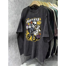 批发220克精梳纯棉洗水黑落肩宽松版型后包边短袖T恤印花款