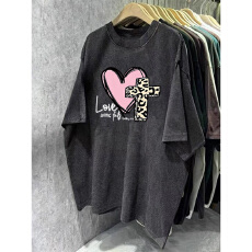 批发220克精梳纯棉洗水黑落肩宽松版型后包边短袖T恤印花款