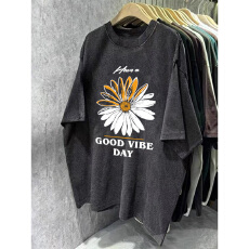 批发220克精梳纯棉洗水黑落肩宽松版型后包边短袖T恤印花款