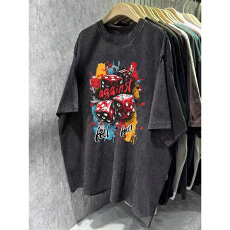 批发220克精梳纯棉洗水黑落肩宽松版型后包边短袖T恤印花款