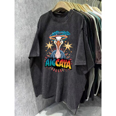 批发220克精梳纯棉洗水黑落肩宽松版型后包边短袖T恤印花款