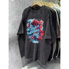 批发220克精梳纯棉洗水黑落肩宽松版型后包边短袖T恤印花款