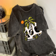 批发220克精梳纯棉洗水黑落肩宽松版型后包边短袖T恤印花款