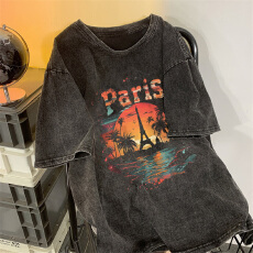 批发220克精梳纯棉洗水黑落肩宽松版型后包边短袖T恤印花款