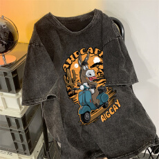 批发220克精梳纯棉洗水黑落肩宽松版型后包边短袖T恤印花款