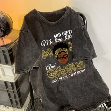 批发220克精梳纯棉洗水黑落肩宽松版型后包边短袖T恤印花款