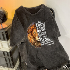 批发220克精梳纯棉洗水黑落肩宽松版型后包边短袖T恤印花款