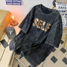 批发220克精梳纯棉洗水黑落肩宽松版型后包边短袖T恤印花款