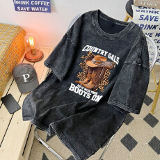 批发220克精梳纯棉洗水黑落肩宽松版型后包边短袖T恤印花款