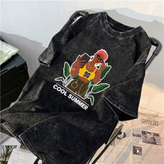 批发220克精梳纯棉洗水黑落肩宽松版型后包边短袖T恤印花款