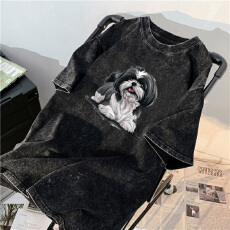 批发220克精梳纯棉洗水黑落肩宽松版型后包边短袖T恤印花款