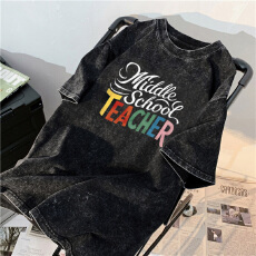 批发220克精梳纯棉洗水黑落肩宽松版型后包边短袖T恤印花款