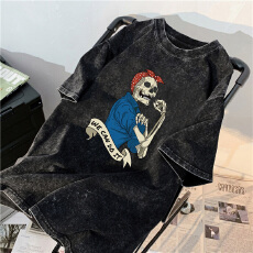 批发220克精梳纯棉洗水黑落肩宽松版型后包边短袖T恤印花款