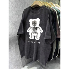 批发220克精梳纯棉洗水黑落肩宽松版型后包边短袖T恤印花款