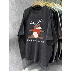 批发220克精梳纯棉洗水黑落肩宽松版型后包边短袖T恤印花款