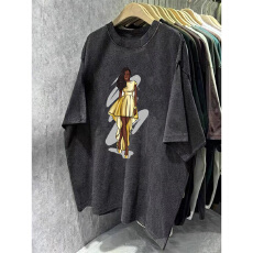 批发220克精梳纯棉洗水黑落肩宽松版型后包边短袖T恤印花款