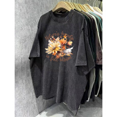 批发220克精梳纯棉洗水黑落肩宽松版型后包边短袖T恤印花款