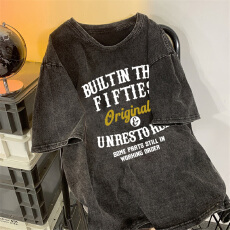 批发220克精梳纯棉洗水黑落肩宽松版型后包边短袖T恤印花款