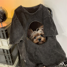 批发220克精梳纯棉洗水黑落肩宽松版型后包边短袖T恤印花款