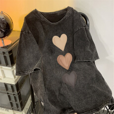 批发220克精梳纯棉洗水黑落肩宽松版型后包边短袖T恤印花款