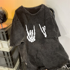 批发220克精梳纯棉洗水黑落肩宽松版型后包边短袖T恤印花款