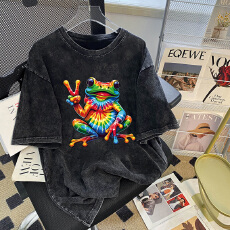 批发220克精梳纯棉洗水黑落肩宽松版型后包边短袖T恤印花款