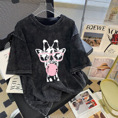 批发220克精梳纯棉洗水黑落肩宽松版型后包边短袖T恤印花款