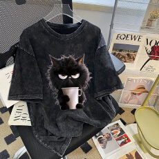 批发220克精梳纯棉洗水黑落肩宽松版型后包边短袖T恤印花款