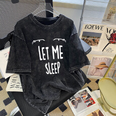 批发220克精梳纯棉洗水黑落肩宽松版型后包边短袖T恤印花款