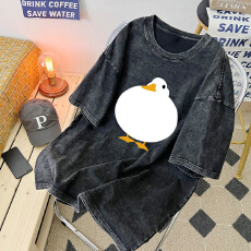 批发220克精梳纯棉洗水黑落肩宽松版型后包边短袖T恤印花款