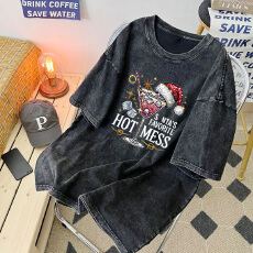 批发220克精梳纯棉洗水黑落肩宽松版型后包边短袖T恤印花款