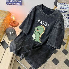 批发220克精梳纯棉洗水黑落肩宽松版型后包边短袖T恤印花款