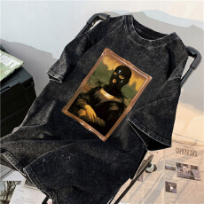 批发220克精梳纯棉洗水黑落肩宽松版型后包边短袖T恤印花款