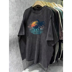 批发220克精梳纯棉洗水黑落肩宽松版型后包边短袖<b class='q'>T</b><b class='q'>恤</b>印花款