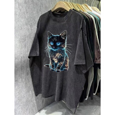 批发220克精梳纯棉洗水黑落肩宽松版型后包边短袖<b class='q'>T</b><b class='q'>恤</b>印花款