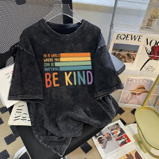 批发220克精梳纯棉洗水黑落肩宽松版型后包边短袖<b class='q'>T</b><b class='q'>恤</b>印花款