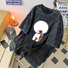 批发220克精梳纯棉洗水黑落肩宽松版型后包边短袖<b class='q'>T</b><b class='q'>恤</b>印花款