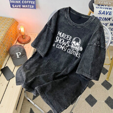 批发220克精梳纯棉洗水黑落肩宽松版型后包边短袖<b class='q'>T</b><b class='q'>恤</b>印花款