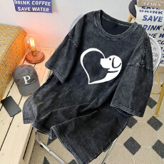 批发220克精梳纯棉洗水黑落肩宽松版型后包边短袖<b class='q'>T</b><b class='q'>恤</b>印花款