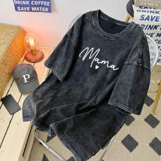 批发220克精梳纯棉洗水黑落肩宽松版型后包边短袖<b class='q'>T</b><b class='q'>恤</b>印花款